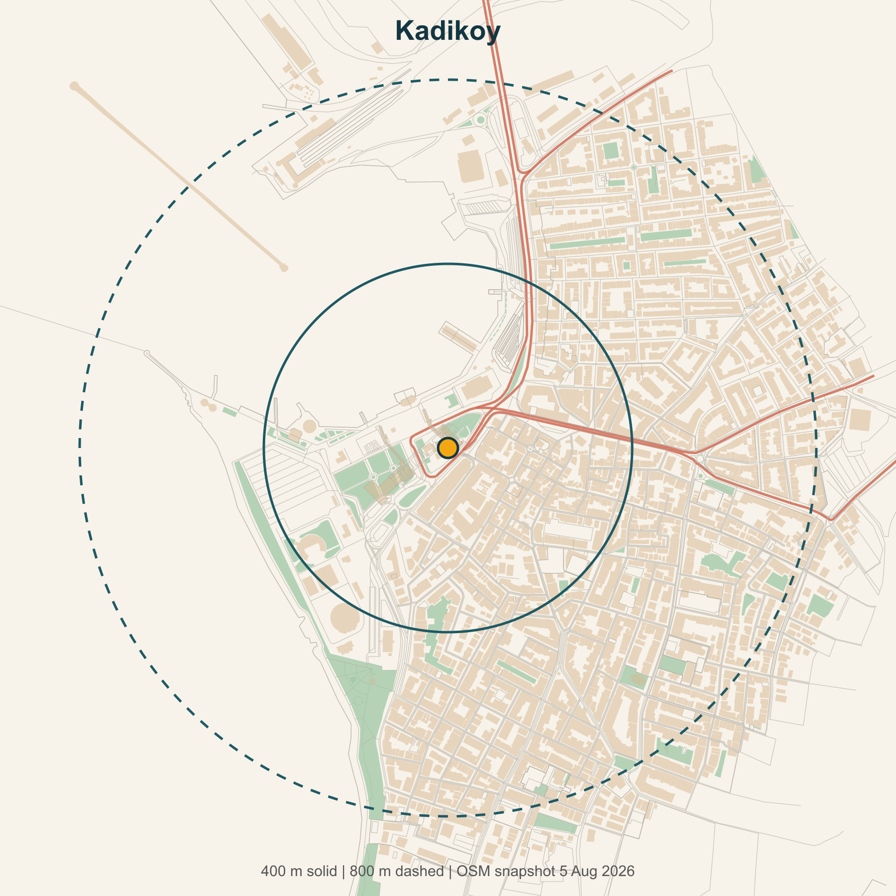 Map of Kadık&ouml;y showing 400 and 800 metre study areas