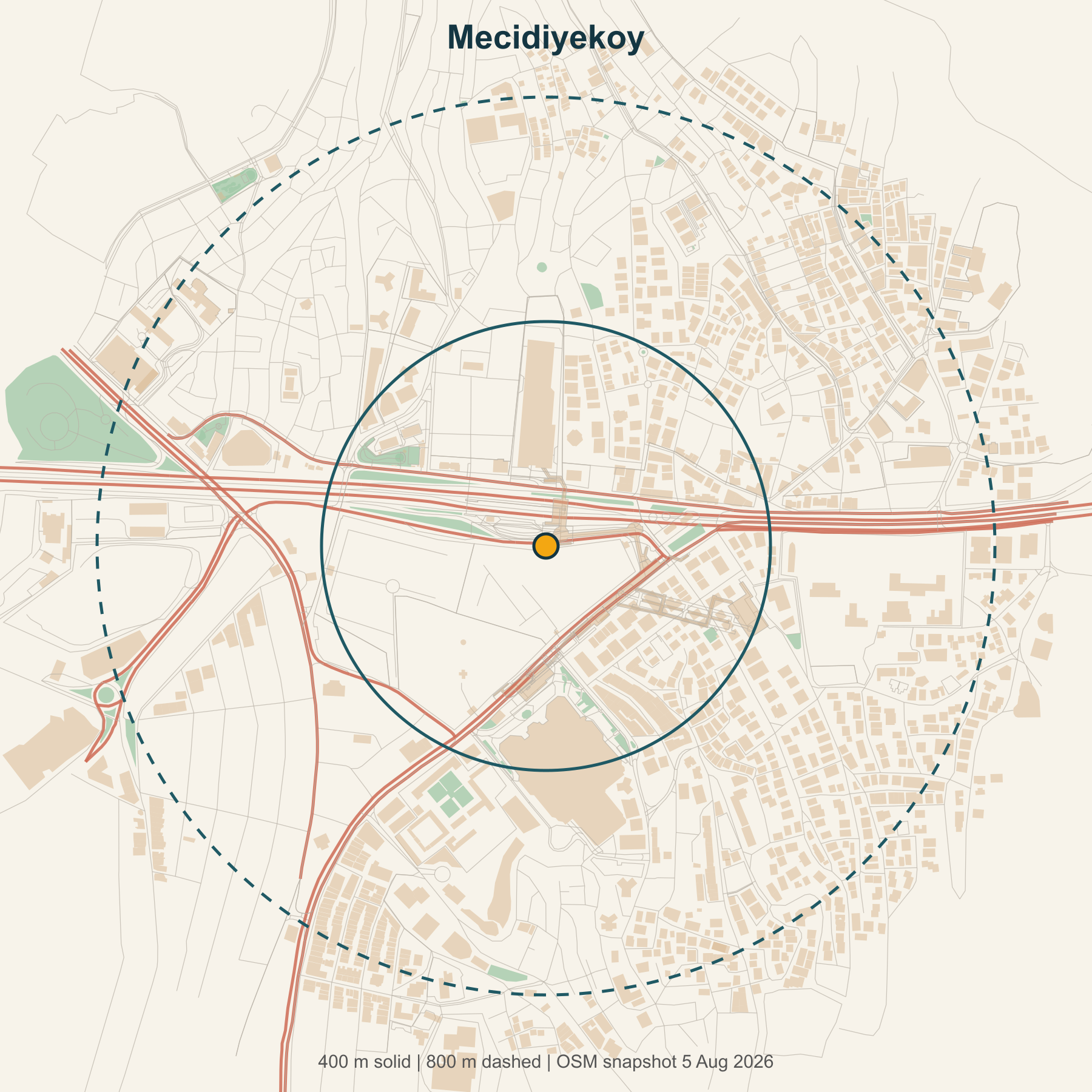 Map of Mecidiyek&ouml;y showing 400 and 800 metre study areas