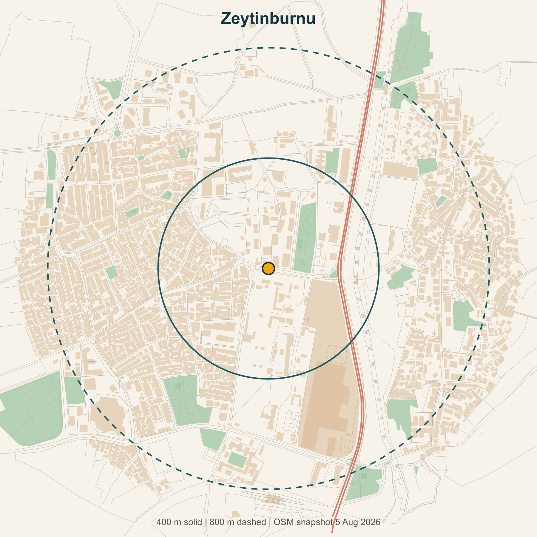 Map of Zeytinburnu showing 400 and 800 metre study areas
